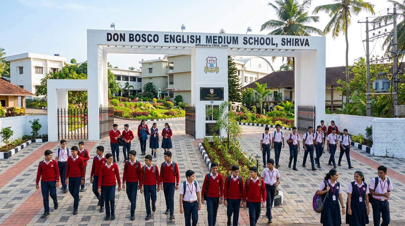 Students walking through the Don Bosco English Medium School gate, Shirva
